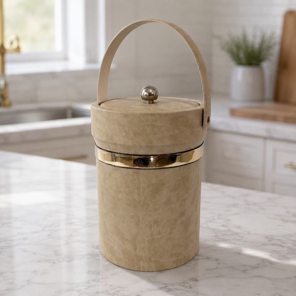 Shelton Designs Ice Bucket Tall Handle Tan MCM Quiet Luxury 70s Beach Bar USA